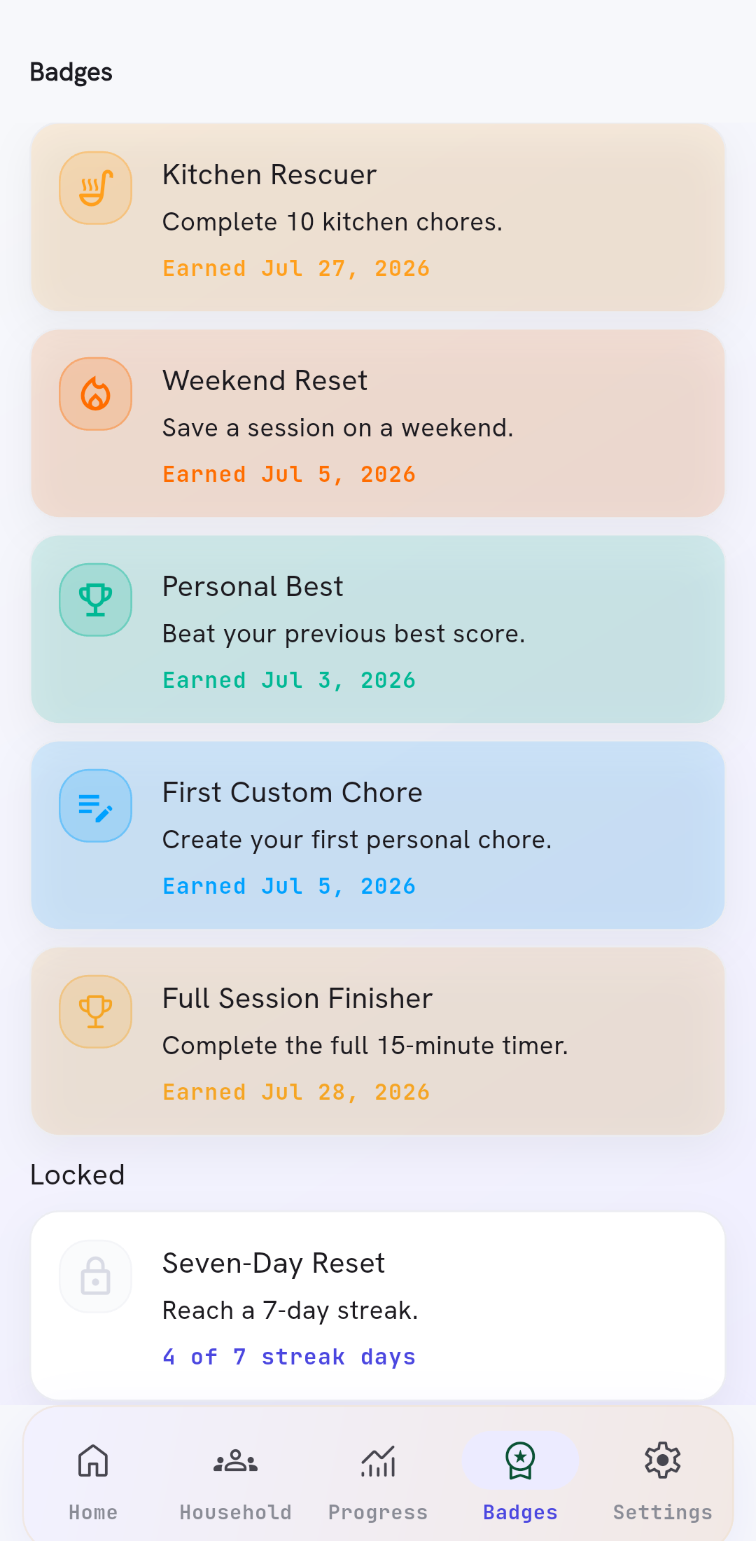 Badges screen with unlockable achievements