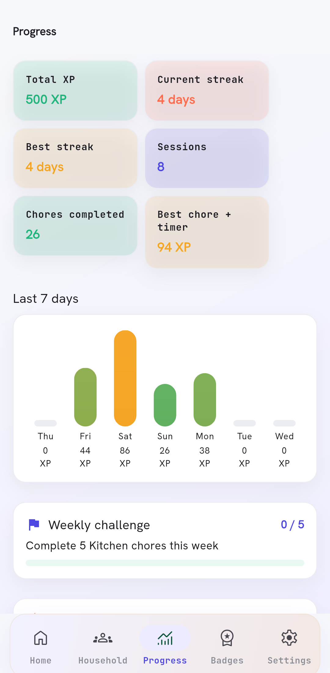 Progress screen with XP and streak stats